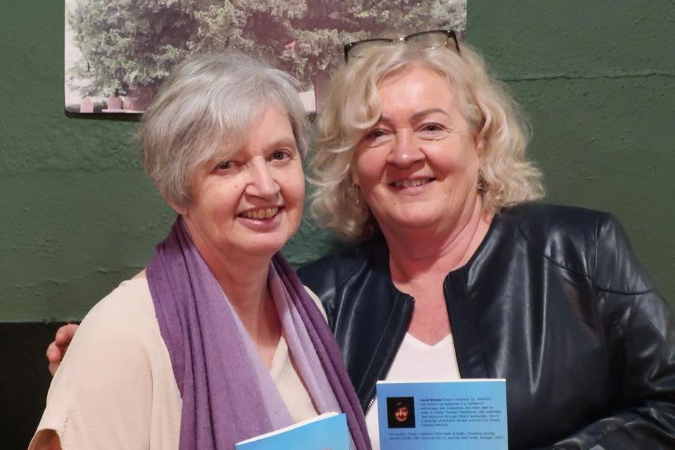 Carol Boland (left) at the launch of her third book of poetry 'The Hungry Grass' in the Old School, Hollyfort, pictured here with Lucy Nolan, Hollyfort. Photo: Jacinta McGovern