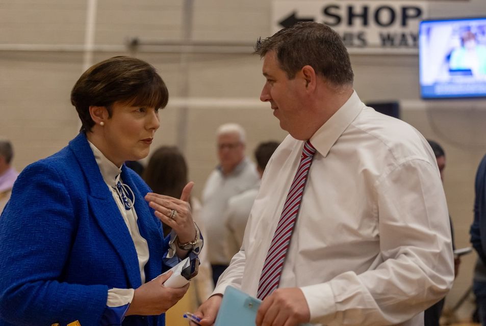 Minister for Education Norma Foley (FF) talks tallies with Killarney canidate and sitting councillor Niall Kelleher (FF) 