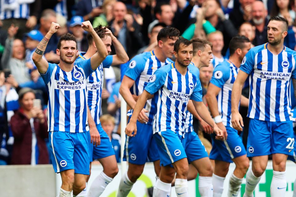 BRIGHTON, ENGLAND - SEPTEMBER 09: Pascal Grob of Brighton and Hove Albion celebrates scoring his sides first goal during the Premier League match between Brighton and Hove Albion and West Bromwich Albion at Amex Stadium on September 9, 2017 in Brighton, England.  (Photo by Dan Istitene/Getty Images)