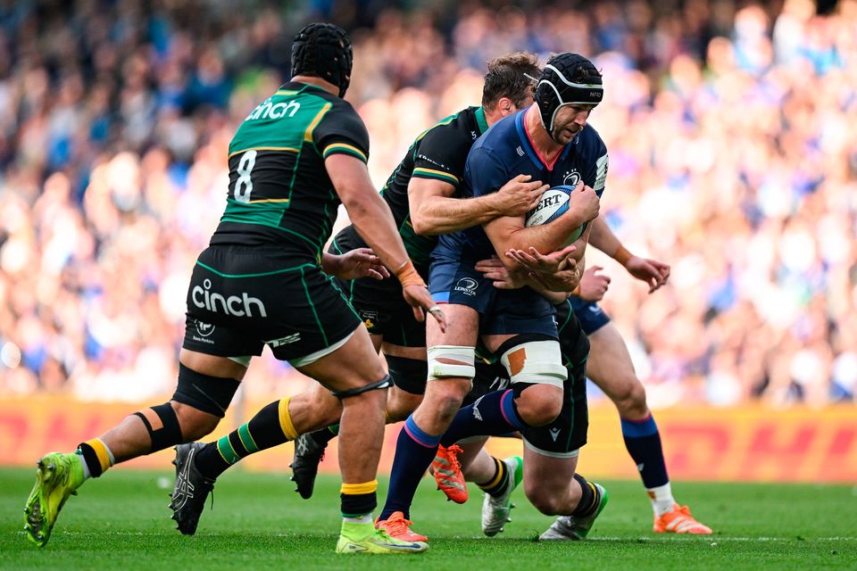 Leinster's Caelan Doris is tackled by Josh Kemeny of Northampton Saints in his side's Champions Cup semi-final defeat. Photo: Brendan Moran/Sportsfile