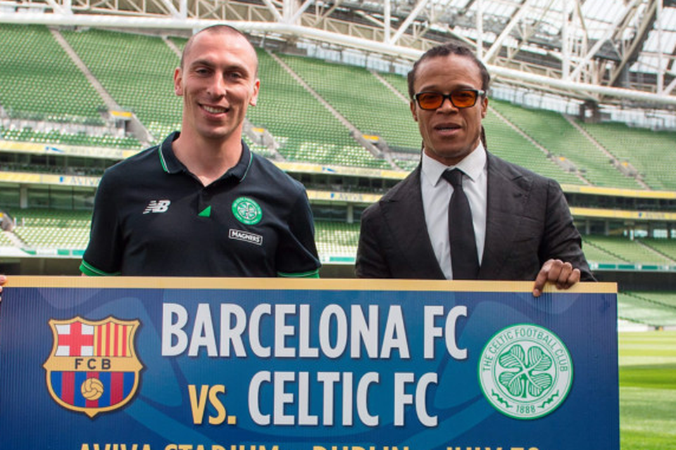 In attendance at the announcement of the International Champions Cup match were Celtic
captain Scott Brown and former Barcelona star Edgar Davids at the Aviva Stadium, Dublin Photo: Sportsfile