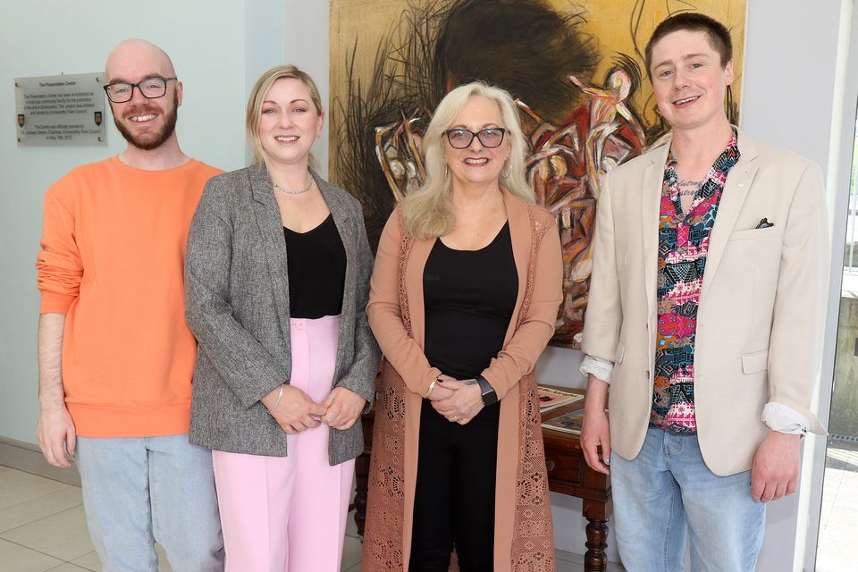 Launch of Denise McAuliffe solo art exhibition in The Presentation Centre. l-r: Larry Dunne and Lisa B yrne (Presentation Centre), Denise McAuliffe (artist) and Alphi Demp.
