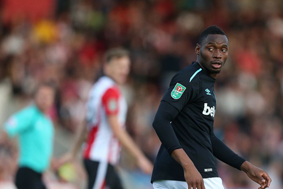 West Ham United's Diafra Sakho during the Carabao Cup Second Round match between Cheltenham Town and West Ham United at Whaddon Road on August 23, 2017 in Cheltenham, England. (Photo by Rob Newell - CameraSport via Getty Images)