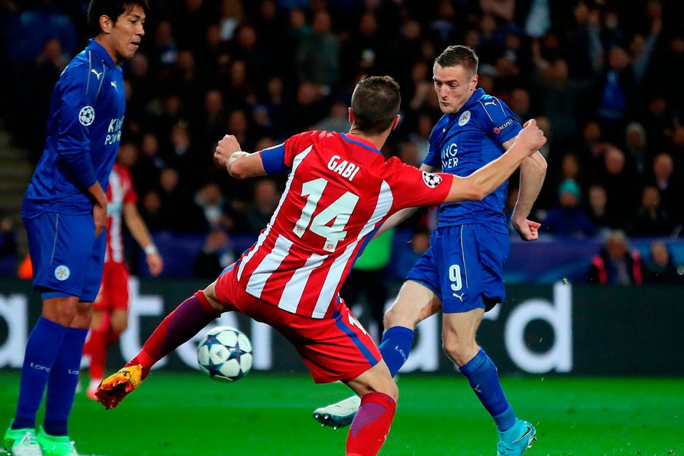 Leicester City's Jamie Vardy scores his side's goal during a  Champions League against Atletico Madrid. Photo: Nick Potts/PA Wire.