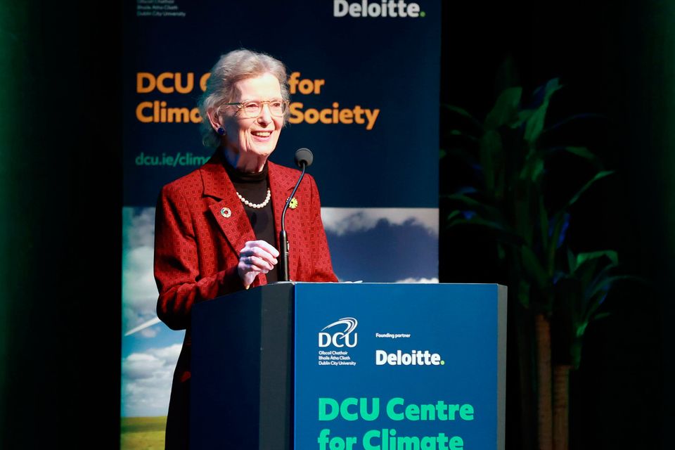 Former President Mary Robinson delivers the keynote speech to the DCU Centre for Climate and Society annual conference, held at the Helix exhibition centre at Dublin City University. Photo: PA