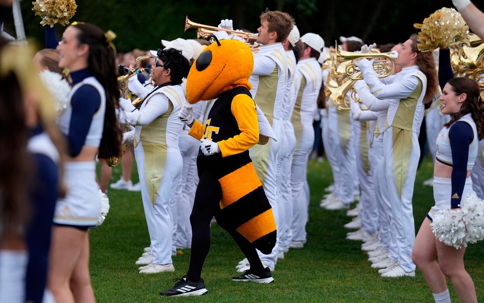 Georgia Tech mascot Buzz performing with the Georgia Tech Yellow Jacket marching band at the Georgia Tech Helluva Block Party Pep Rally in Merrion Square, Dublin, as part of the build up to Saturday’s Aer Lingus College Football Classic, US College football match in Dublin. Photo: Brian Lawless/PA Wire