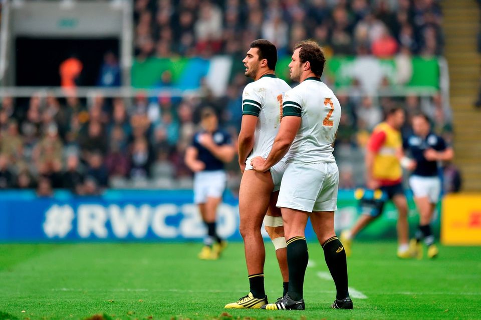 South Africa's Bismarck Du Plessis (right) and Damian de Allende during the World Cup match at St James' Park, Newcastle. PRESS ASSOCIATION Photo. Picture date: Saturday October 3, 2015. See PA story RUGBYU South Africa. Photo credit should read: Owen Humphreys/PA Wire. RESTRICTIONS: Use subject to restrictions. Editorial use only. No commercial use. No use in books or print sales without prior permission. Call +44 (0)1158 447447 for further information.