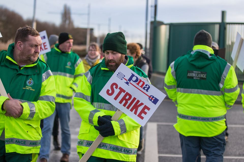 PNA members working in the ambulance service picketing at the Dublin South central ambulance station on Davitt Road, Dublin
Pic:Mark Condren