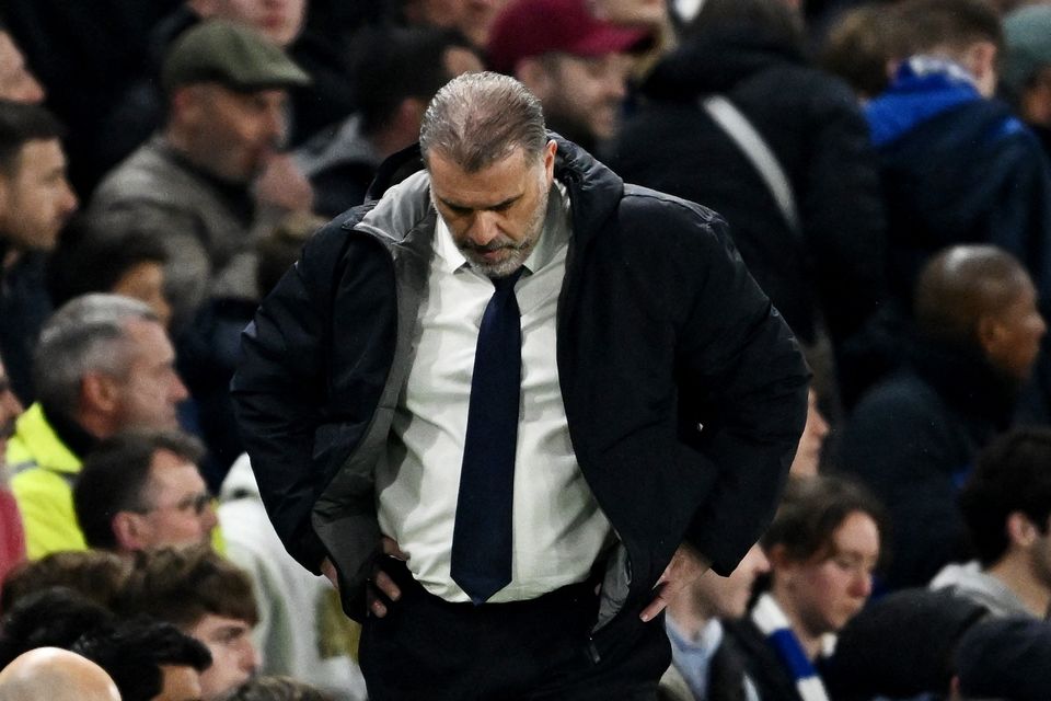 Spurs manager Ange Postecoglou reacts after Chelsea's second goal.