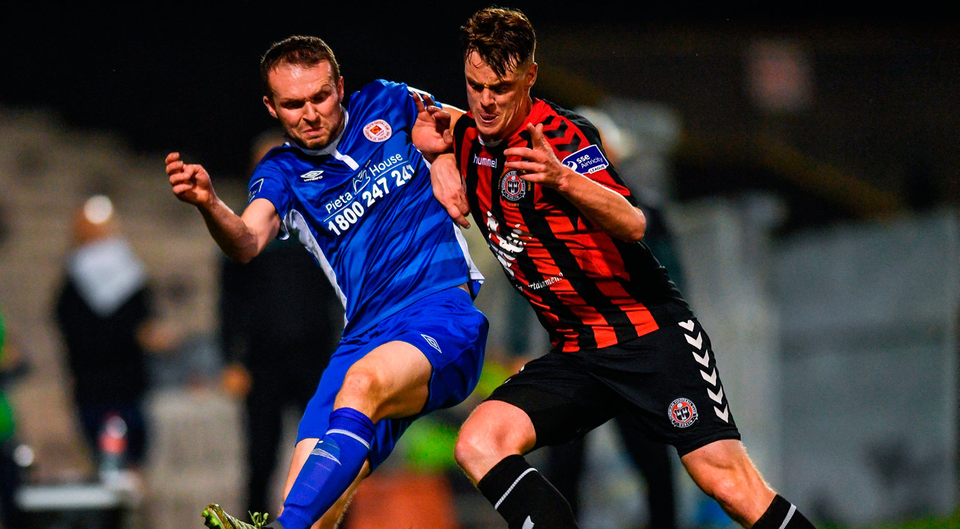 Conan Byrne of St. Patricks Athletic in action against Ian Morris of Bohemians during the SSE Airtricity League Premier Division match between Bohemians and St Patrick's Athletic at Dalymount Park in Dublin. Photo: Eóin Noonan/Sportsfile
