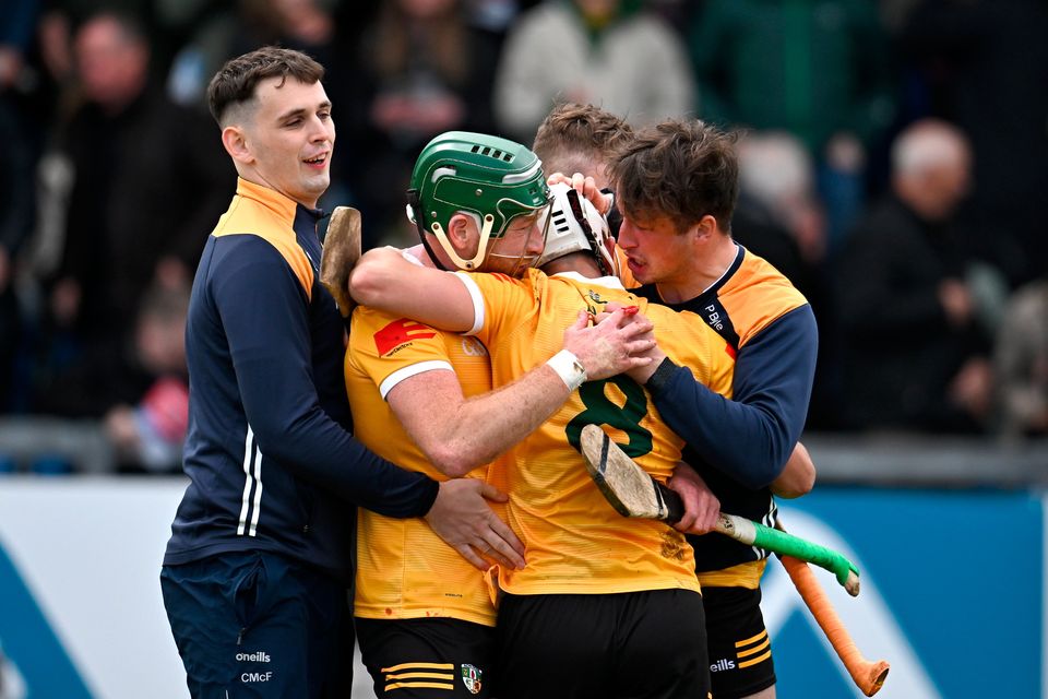 Antrim players celebrate after their victory in the Leinster SHC Round 2 match against Wexford at Corrigan Park in Belfast. Photo: Sam Barnes/Sportsfile