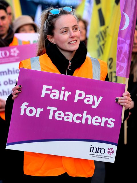 Teacher Nikki Good, from Our Lady Immaculate Junior School in Darndale, Dublin, at the Dáil protest. Photo: Steve Humphreys