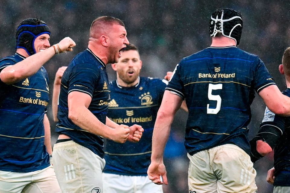 Ross Molony of Leinster, centre, celebrates
