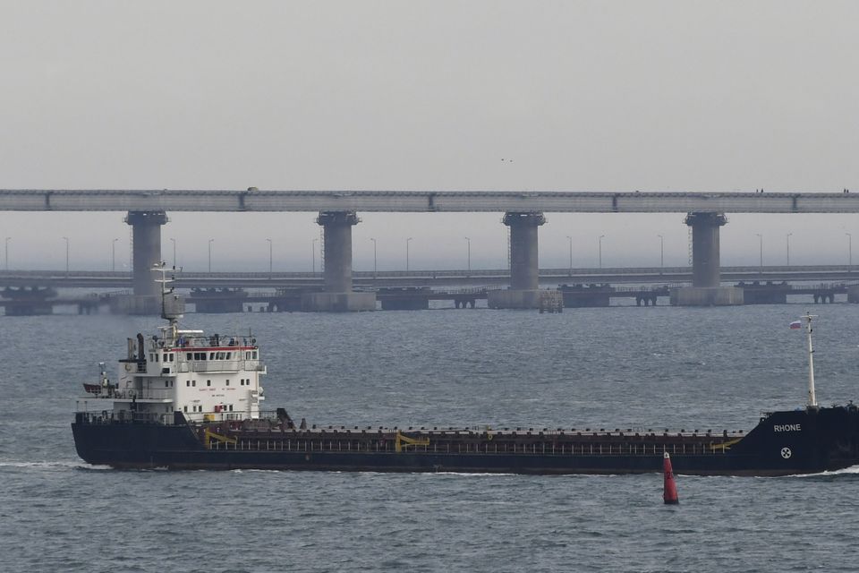 A ship makes its way near the Kerch bridge, in background, near Kerch, Crimea (AP)