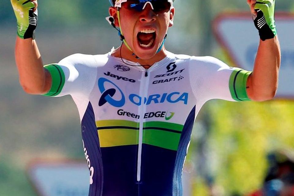 Orica-GreenEdge’s Australian cyclist Caleb Ewan celebrates winning the fifth stage of the Vuelta