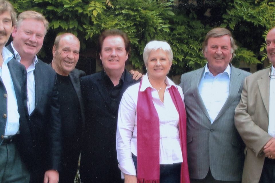 Mick Quinn (left) with Fran Hurley, Finbar Furey, Red Hurley, Anita Quinn (Mick's wife) Terry Wogan and Dave Pennefather in Terry Wogan's back garden.