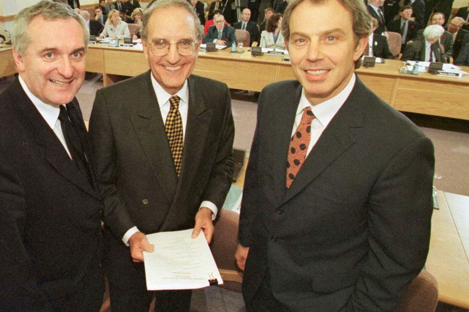 Sign of the times: Former Taoiseach Bertie Ahern, former US Senator George Mitchell and former British Prime Minister Tony Blair after the signing of The Good Friday Agreement set Northern Ireland in 1998.