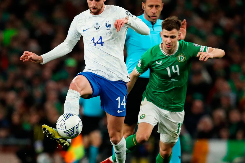 Adrien Rabiot of France in action against Ireland's Jayson Molumby