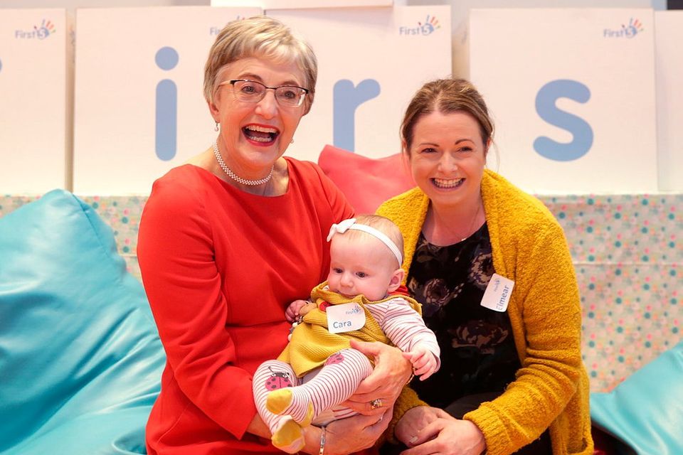 Minister for Children, Katherine Zappone holding Cara Molloy, aged 4 months from Leitrim with her mum, Eimear Carron at the launch of First 5, Ireland's first ever 10 year strategy to support babies, and children up to the ages of 5 and their families. Photo: Damien Eagers/INM