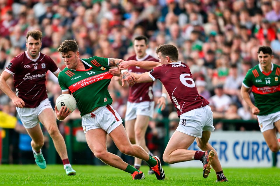 Jordan Flynn of Mayo in action against John Daly of Galway during the Connacht SFC final at Pearse Stadium in Galway. Photo: Daire Brennan/Sportsfile