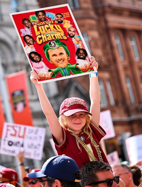 24 August 2024; Florida State supporters during the ESPN College GameDay pre-match event in Dublin ahead of the 2024 Aer Lingus College Football Classic match between Florida State and Georgia Tech at the Aviva Stadium. Photo by David Fitzgerald/Sportsfile 