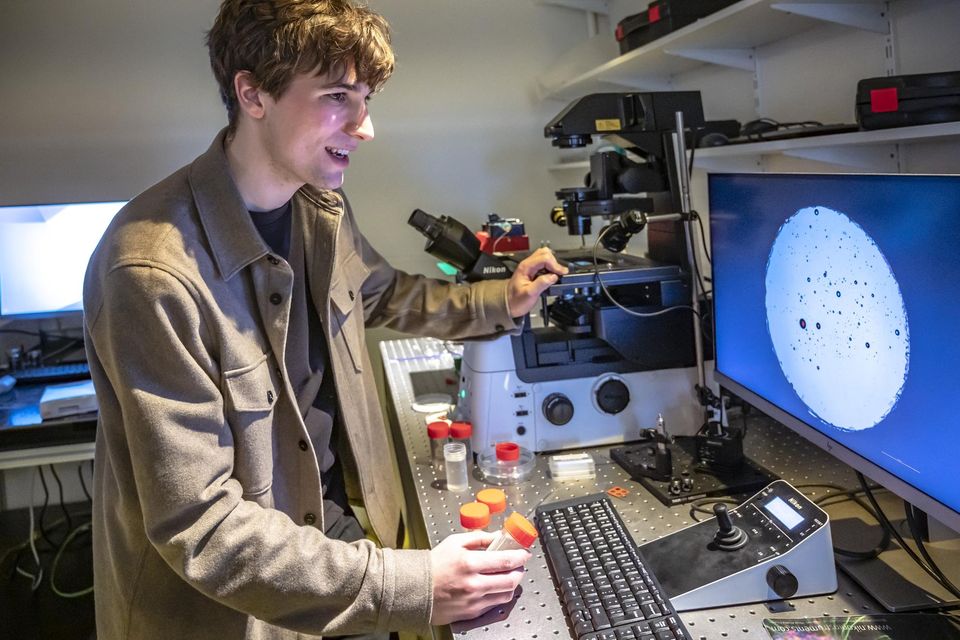 Fionn Ferreira examining possible micro-plastics in water under a microscope at the University of Groningen earlier this year. Photo: Jan Reinier Van Der Vliet