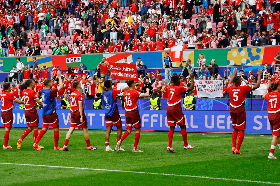 Switzerland players celebrate after the Euro 2024 Group A win over Hungary at Cologne Stadium, Cologne, Germany
