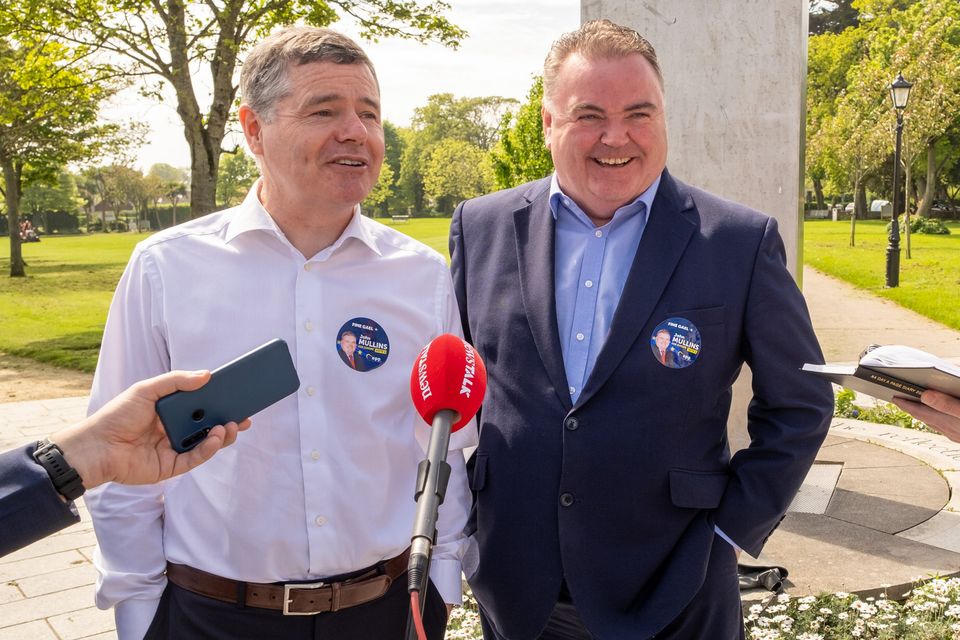 Minister Paschal Donohoe and Fine Gael European Election candidate for Ireland South, John Mullins, outside Burnaby Park, Greystones. Photo: Leigh Anderson.