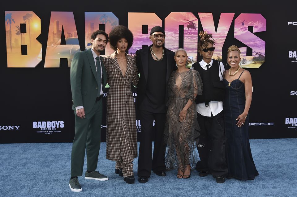From left to right, Trey Smith, Willow Smith, Will Smith, Jada Pinkett Smith, Jaden Smith and Adrienne Banfield-Norris arrive at the premiere of Bad Boys: Ride Or Die (Richard Shotwell/Invision/AP)