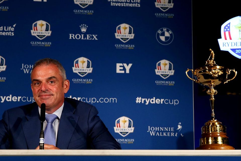 European Ryder Cup captain Paul McGinley of Ireland announces Stephen Gallacher, Ian Poulter and Lee Westwood as his three captain's picks during a press conference at Wentworth. Photo: Getty Images