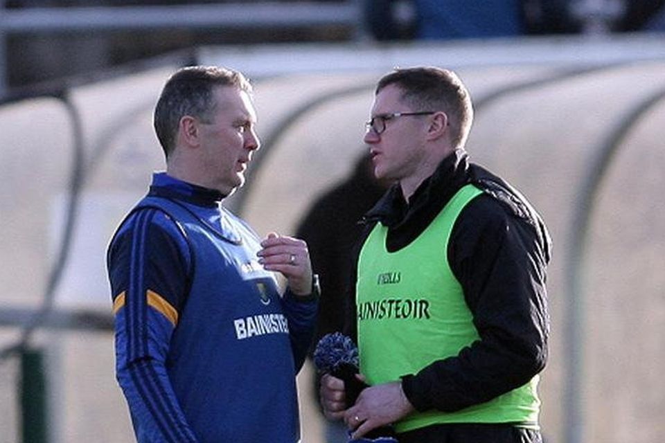 Wicklow manager Oisín McConville with his former Crossmaglen and Armagh team-mate and current Sligo manager Tony McEntee.
