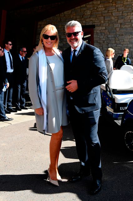 Alison Clarke and captain Darren Clarke of Europe attend the 2016 Ryder Cup Opening Ceremony at Hazeltine National Golf Club on September 29, 2016 in Chaska, Minnesota.  (Photo by Ross Kinnaird/Getty Images)