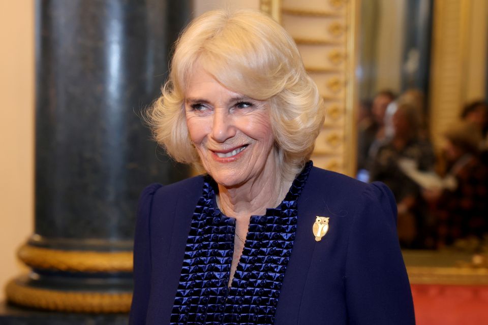 Queen Camilla smiles during a reception  at Buckingham Palace on February 28. Photo by Chris Jackson - Pool/Getty