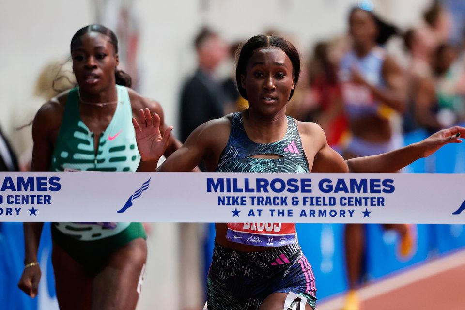 Rhasidat Adeleke trails behind Talitha Diggs at the Millrose Games in New York. Photo: Al Bello/Getty Images