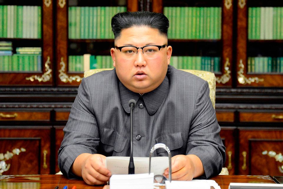 In this Thursday, Sept. 21, 2017, photo distributed on Friday, Sept. 22, 2017, by the North Korean government, North Korean leader Kim Jong Un delivers a statement in response to U.S. President Donald Trump's speech to the United Nations, in Pyongyang, North Korea. (Korean Central News Agency/Korea News Service via AP)