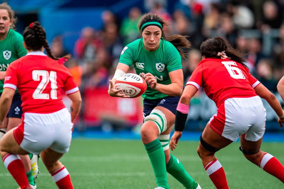 Ireland's Nichola Fryday is tackled by Wales' Georgia Evans during the TikTok Six Nations clash at Cardiff Arms Park. Photo: Mark Lewis/Sportsfile
