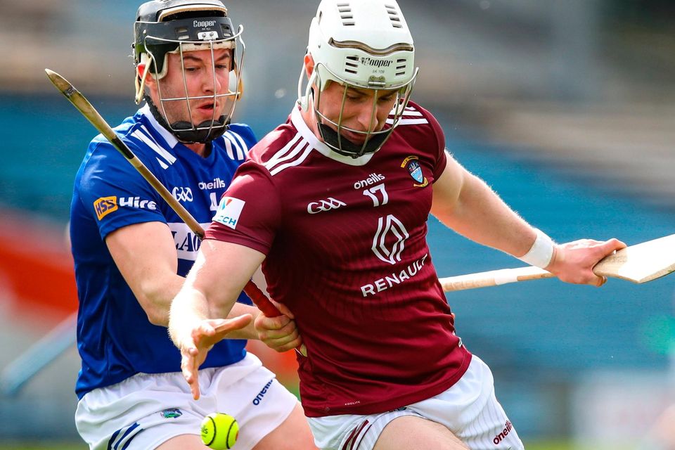 25 March 2023; Eoin Keyes of Westmeath in action against Donnchadh Hartnett of Laois during the Allianz Hurling League Division 1 Relegation Play-Off match between Westmeath and Laois at FBD Semple Stadium in Thurles, Tipperary. Photo by Michael P Ryan/Sportsfile