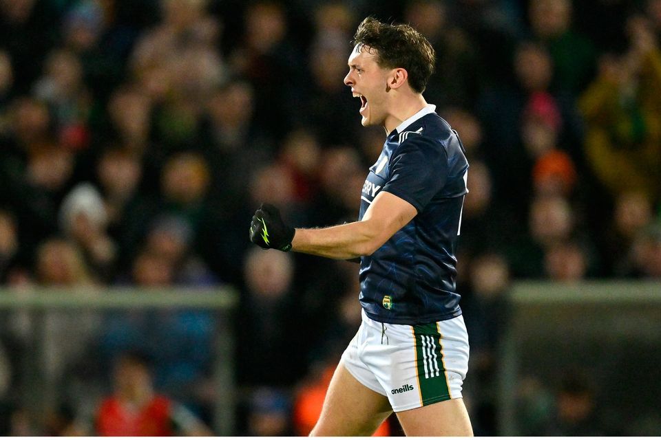 17 February 2024; David Clifford of Kerry celebrates at the final whistle of the Allianz Football League Division 1 match between Kerry and Mayo at Austin Stack Park in Tralee, Kerry. Photo by Brendan Moran/Sportsfile