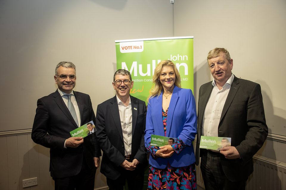 Minister Dara Calleary, Councillor John Mullen, Cynthia Ni Mhurchu (European election candidate) and Senator Pat Casey at the launch of Cllr Mullen's local election campaign in the Tinahely Courthouse Art Centre. Photo: Joe Byrne