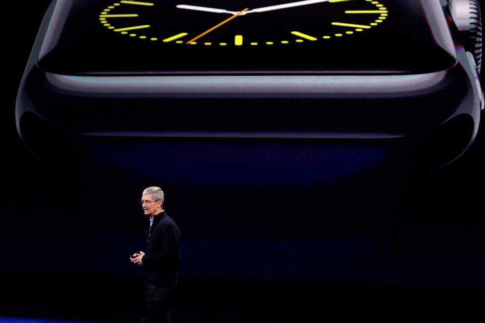 Apple CEO Tim Cook talks about the new Apple Watch during an Apple event on Monday, March 9, 2015, in San Francisco. (AP Photo/Eric Risberg)