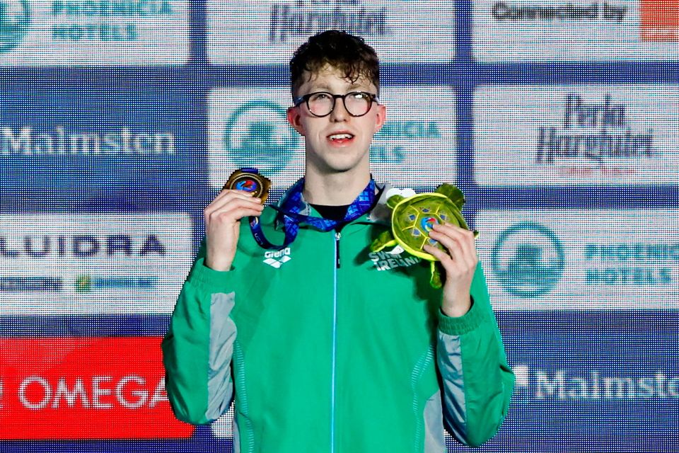 Ireland's Daniel Wiffen receives his gold medal after winning the 800m Freestyle in a world record time at the European Short Course Swimming Championships Photo: Sportsfile