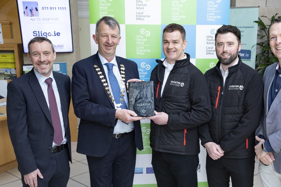 Pictured at a photocall to celebrate Sleater Solutions winning the 2024 LEO Sligo County Enterprise Award were: (L-R): Liam Kiely, A/Head of Enterprise, Sligo County Council, Cathaoirleach of Sligo County Council, Cllr. Gerard Mullaney, Keith Sleater and Shane Kelly, Sleater Solutions and A/Senior Enterprise Development Officer, LEO Sligo, Stephen Walshe.