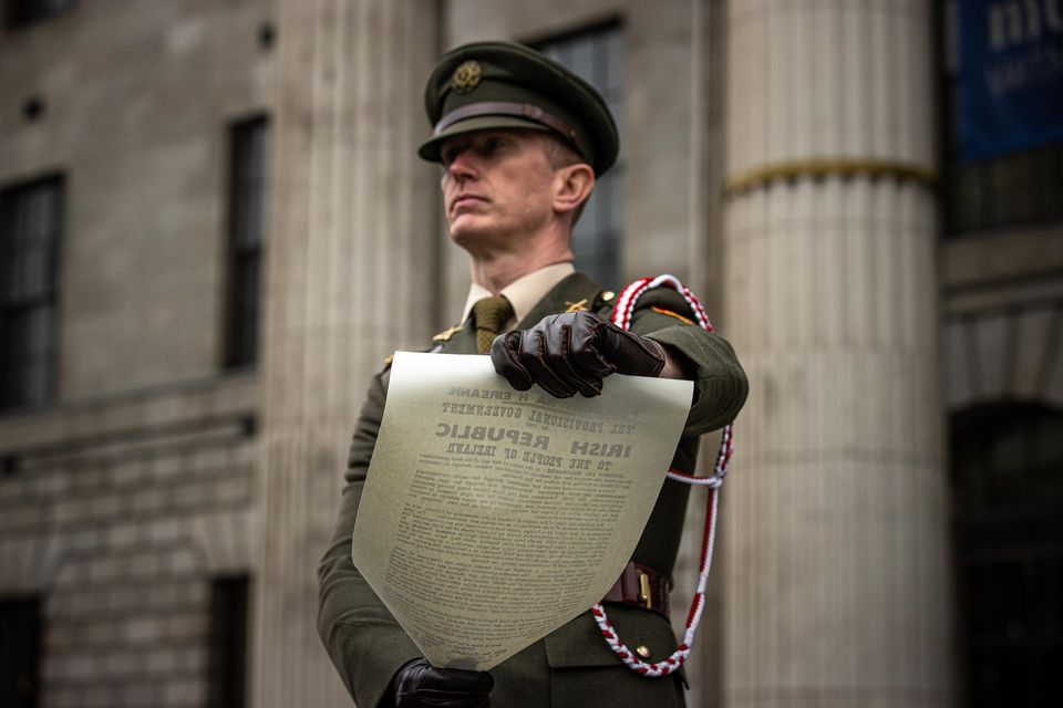 The 1916 Proclamation read by Commandant Daire Roache at the 106th anniversary of the Easter Rising at a ceremony outside the GPO on Dublin’s O’Connell Street. Pic: Mark Condren