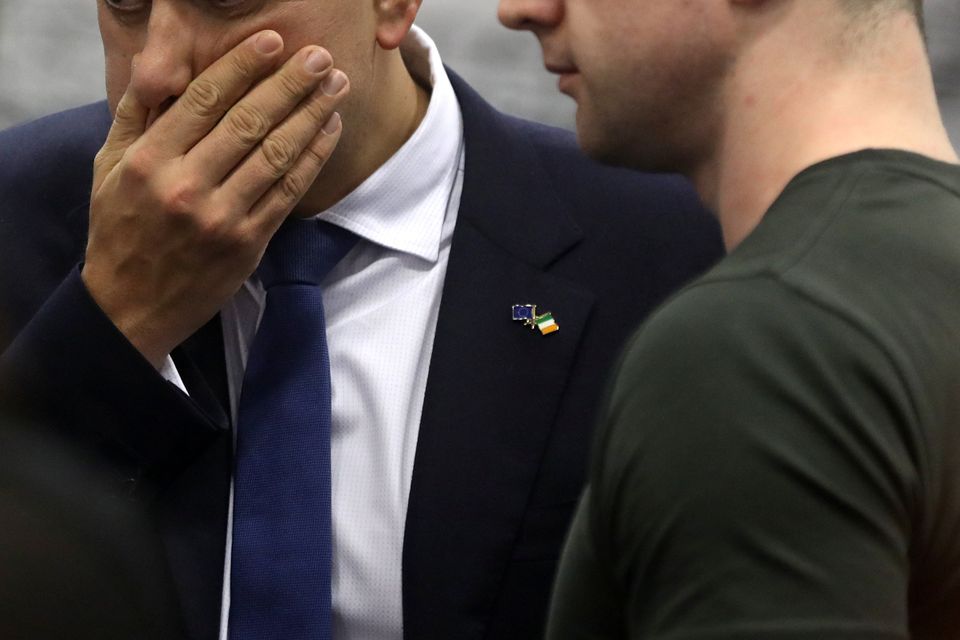 Leo Varadkar reacts, next to his partner Matthew Barrett, at a count centre during Ireland's national election, in Citywest, near Dublin, Ireland, February 9, 2020. REUTERS/Lorraine O'Sullivan