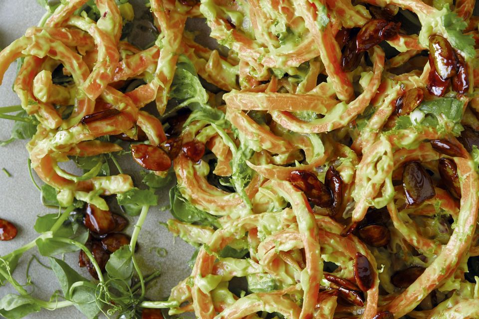 Carrot noodles with avocado dressing