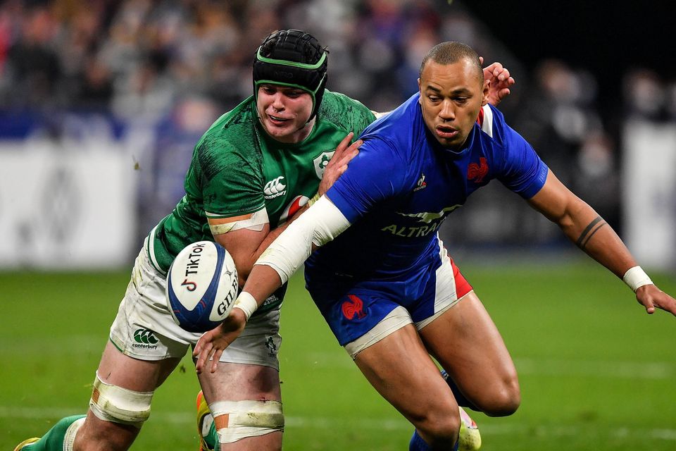 12 February 2022; James Ryan of Ireland in action against Gael Fickou of France during the Guinness Six Nations Rugby Championship match between France and Ireland at Stade de France in Paris, France. Photo by Brendan Moran/Sportsfile