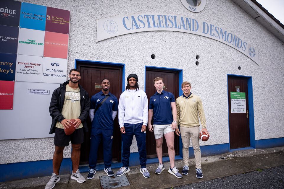 David Shanahan and some of his Georgia Tech teammates at Castleisland Desmonds GAA ground, where David played Gaelic football as a teenager.