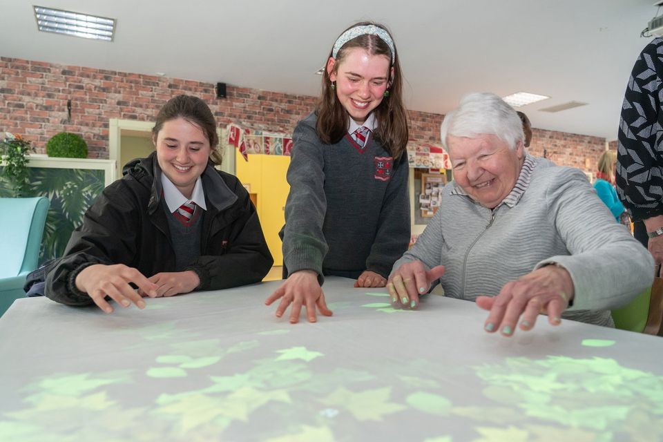 Students Lauren Foley and Eva Elmes, from Loreto Bray, pictured with Pauline Moran at an interactive demonstration in Saint Joseph’s, Shankill.