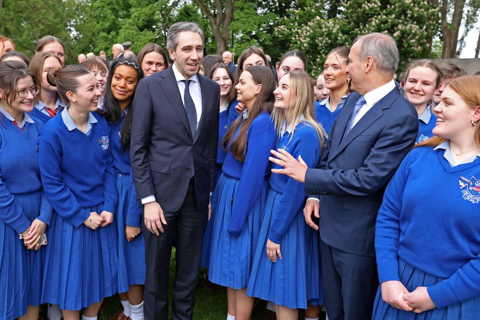 Taoiseach Simon Harris and Tánaiste Micheál Martin meet students from Mount Sackville Secondary School at the Arbour Hill commemoration ceremony. Photo: Collins