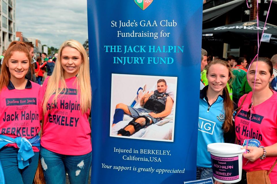 30 August 2015; Judes for Jack collectors, left to right, Laura Doherty, Ciara Morris, Ellen Joyce, and Geraldine McTavish, from the Naomh Jude GAA Club, in Templeouge, Co. Dublin, before the game. GAA Football All-Ireland Senior Championship, Semi-Final, Dublin v Mayo, Croke Park, Dublin. Picture credit: Dire Brennan / SPORTSFILE